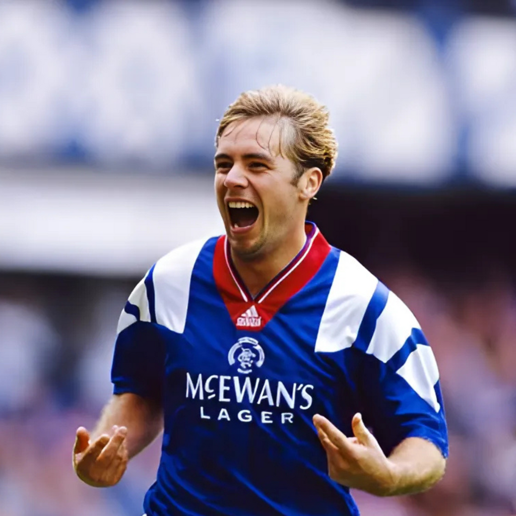 Blue Rangers FC home sports jersey from 1992/94 with 'McEwan's Lager' branding being worn by Ally McCoist as he celebrates scoring a goal during a football match