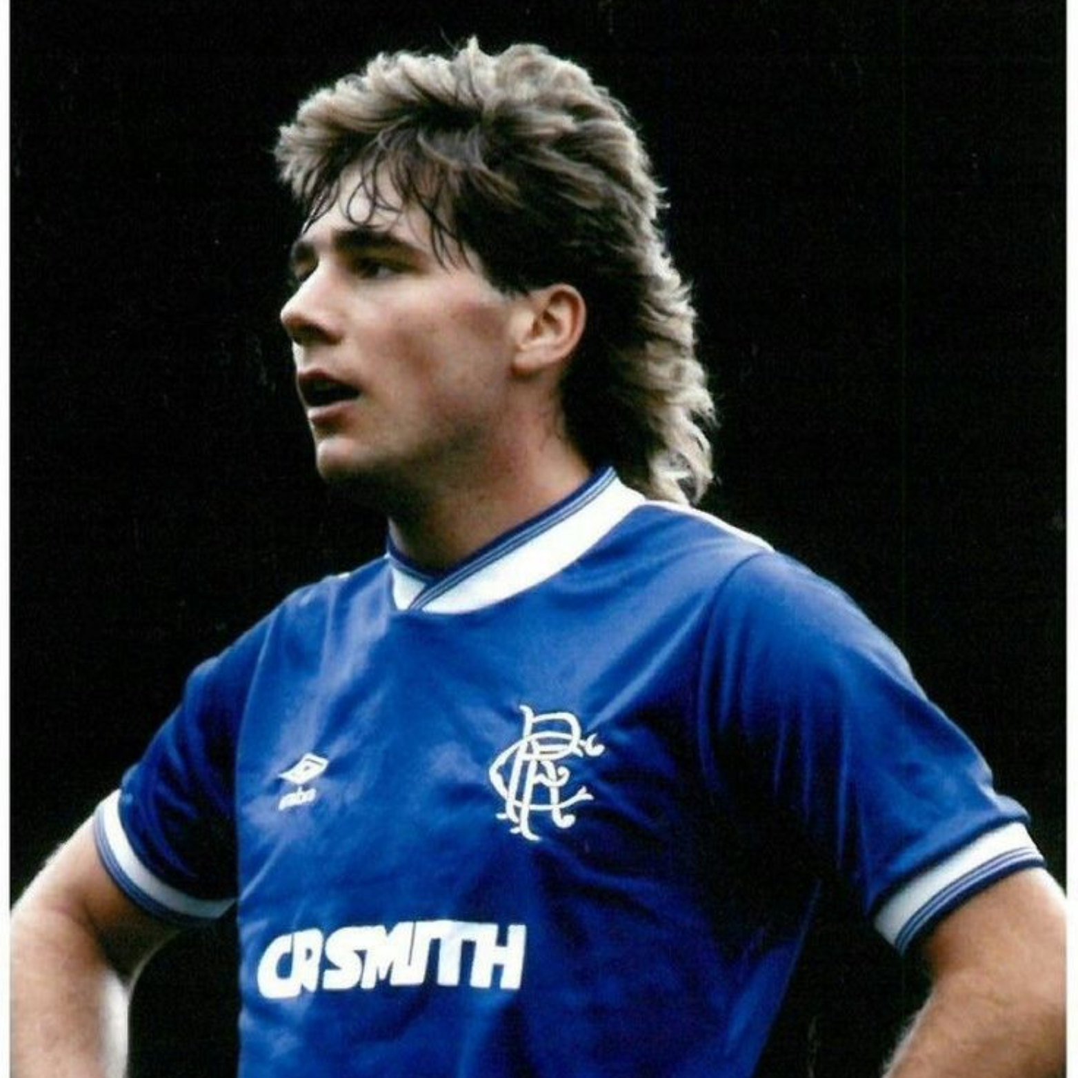 Blue Rangers Home sports jersey made by umbro from 1984/97 worn by Ally McCoist during a football match